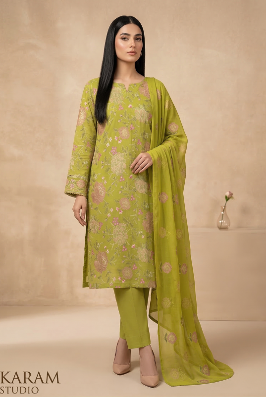 Premium  Pear Green 3-Piece Pure Embroidered Lawn Suit With Matching Safon Dupatta & Plain Trouser