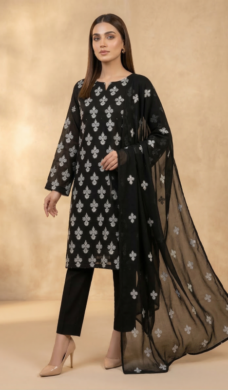 Premium Classic Black 3-Piece Pure Embroidered Lawn Suit With Matching Safon Dupatta & Plain Trouser