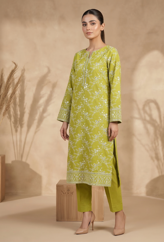 Olive Green 2 Piece Pure Lawn Embroidered with 9mm Soft Luxury Fabric