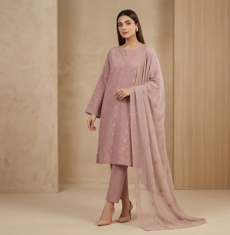 Premium Dusty Rose 3-Piece Pure Embroidered Lawn Suit With Matching Safon Dupatta & Plain Trouser