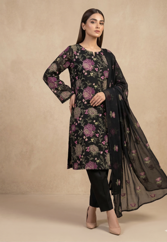 Premium Jet Black 3-Piece Pure Embroidered Lawn Suit With Matching Safon Dupatta & Plain Trouser