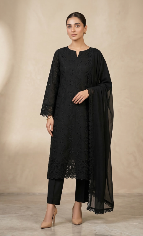 Premium Jet Black 3-Piece Pure Embroidered Lawn Suit With Matching Safon Dupatta & Plain Trouser