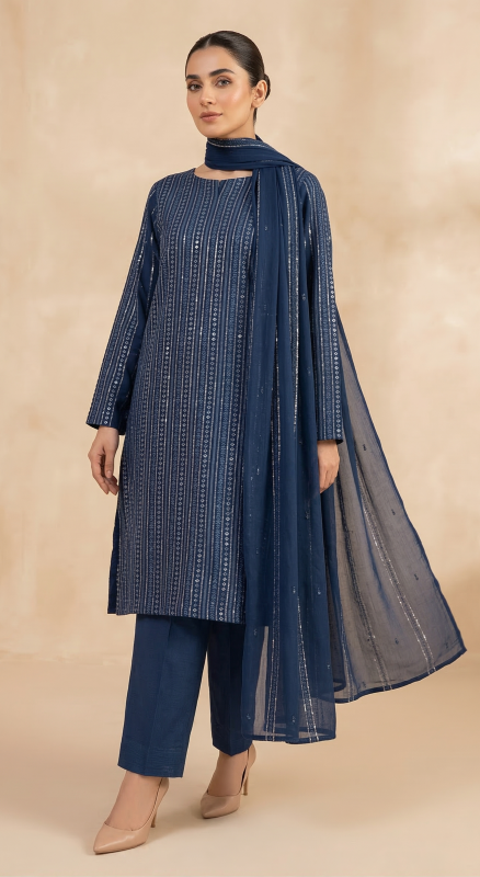 Premium Midnight Blue 3-Piece Pure Embroidered Lawn Suit With Matching Safon Dupatta & Plain Trouser