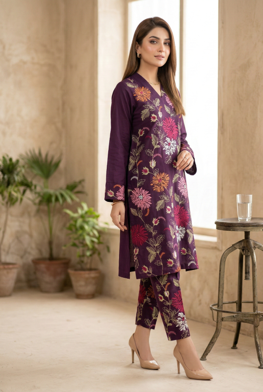 Plum Purple Embroidered Lawn 2-Piece Suit