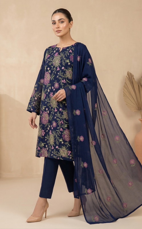 Premium Deep Navy Blue 3-Piece Pure Embroidered Lawn Suit With Matching Safon Dupatta & Plain Trouser
