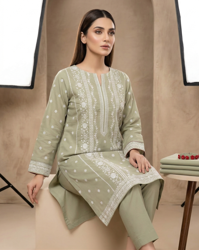 Olive grey Embroidered Lawn 2-Piece Suit
