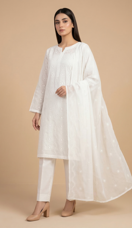 Premium Cream White 3-Piece Pure Embroidered Lawn Suit With Matching Safon Dupatta & Plain Trouser