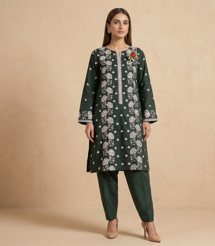 Forest Green Embroidered Lawn 2-Piece Suit