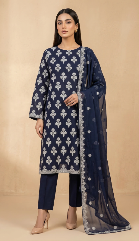 Premium Navy Blue 3-Piece Pure Embroidered Lawn Suit With Matching Safon Dupatta & Plain Trouser