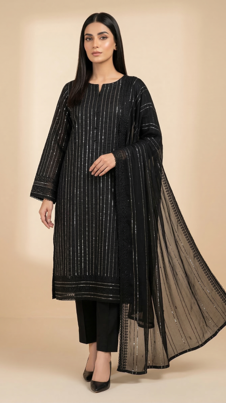 Premium Jet Black 3-Piece Pure Embroidered Lawn Suit With Matching Safon Dupatta & Plain Trouser