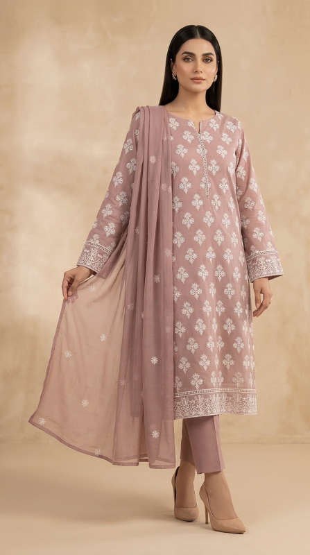 Premium Mauve 3-Piece Pure Embroidered Lawn Suit With Matching Safon Dupatta & Plain Trouser