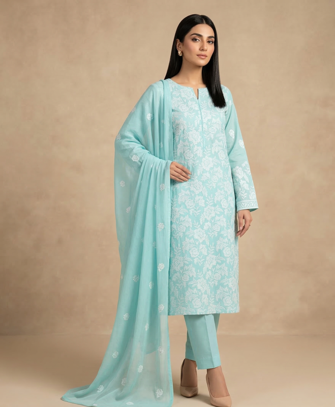 Premium Light Aqua 3-Piece Pure Embroidered Lawn Suit With Matching Safon Dupatta & Plain Trouser