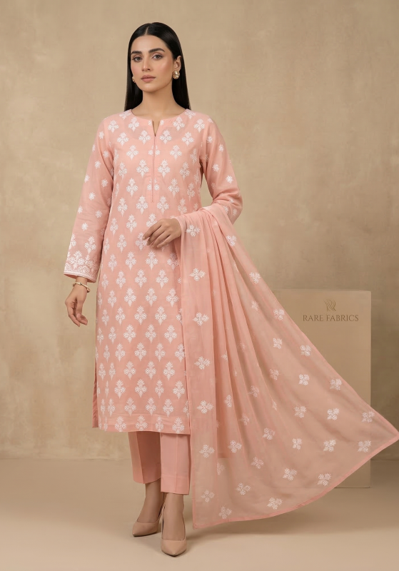Premium Blush Pink 3-Piece Pure Embroidered Lawn Suit With Matching Safon Dupatta & Plain Trouser