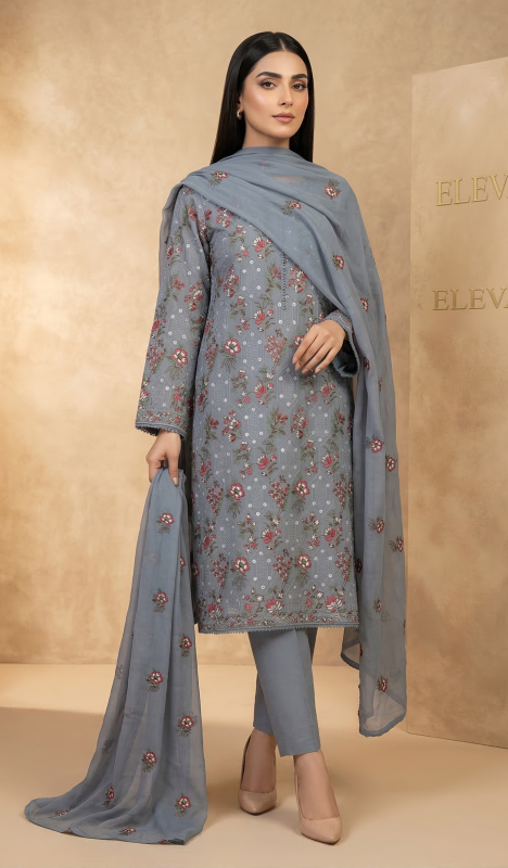 Premium Ash Grey 3-Piece Pure Embroidered Lawn Suit With Matching Safon Dupatta & Plain Trouser