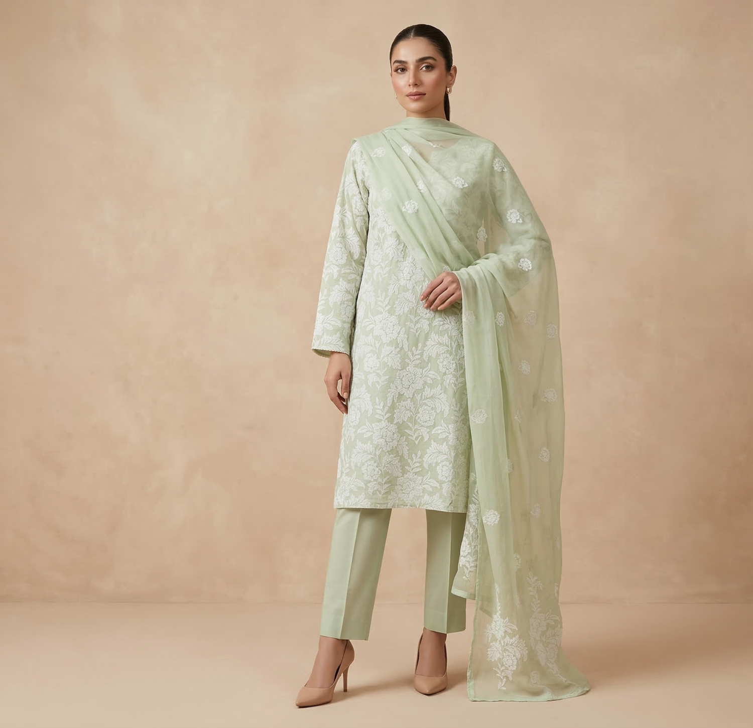 Premium Mint Green 3-Piece Pure Embroidered Lawn Suit With Matching Safon Dupatta & Plain Trouser