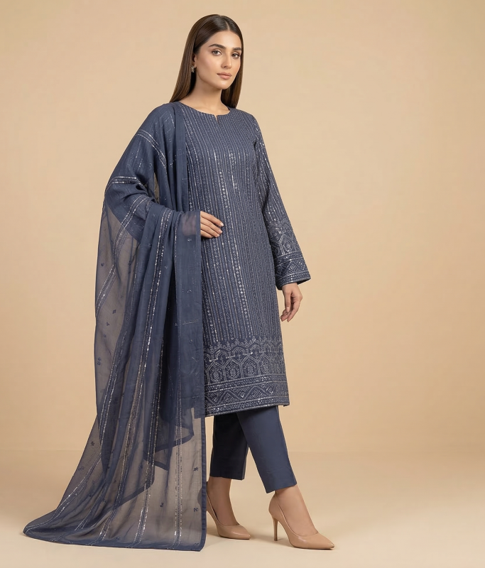 Premium Dusty Slate Blue 3-Piece Pure Embroidered Lawn Suit With Matching Safon Dupatta & Plain Trouser