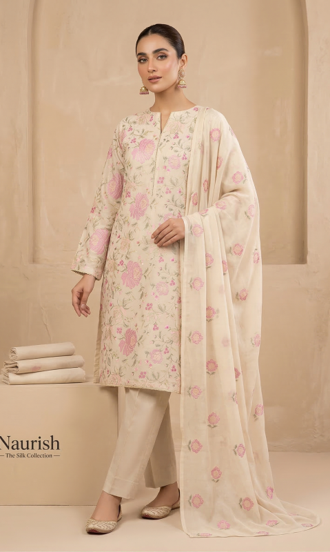 Premium Light Beige 3-Piece Pure Embroidered Lawn Suit With Matching Safon Dupatta & Plain Trouser