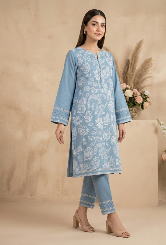 Dusty Blue Embroidered Lawn 2-Piece Suit