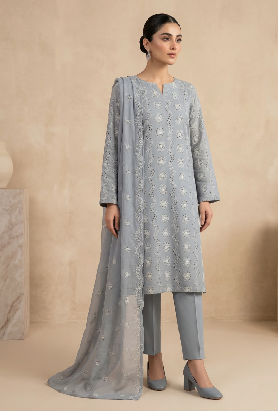 Premium  Dusty Blue 3-Piece Pure Embroidered Lawn Suit With Matching Safon Dupatta & Plain Trouser