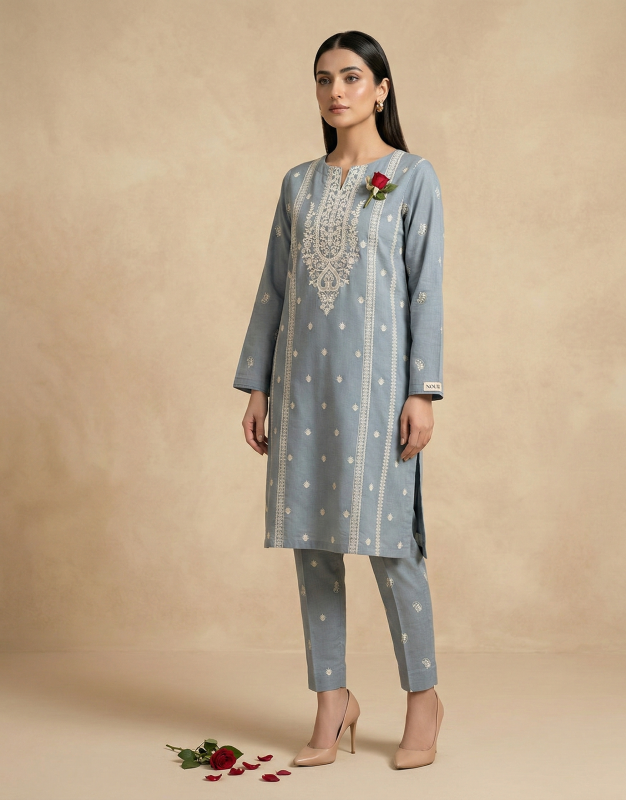 Muted Slate Blue Embroidered Lawn 2-Piece Suit
