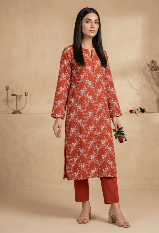 Rust-Red 2 Piece Pure Lawn Embroidered with 9mm Soft Luxury Fabric