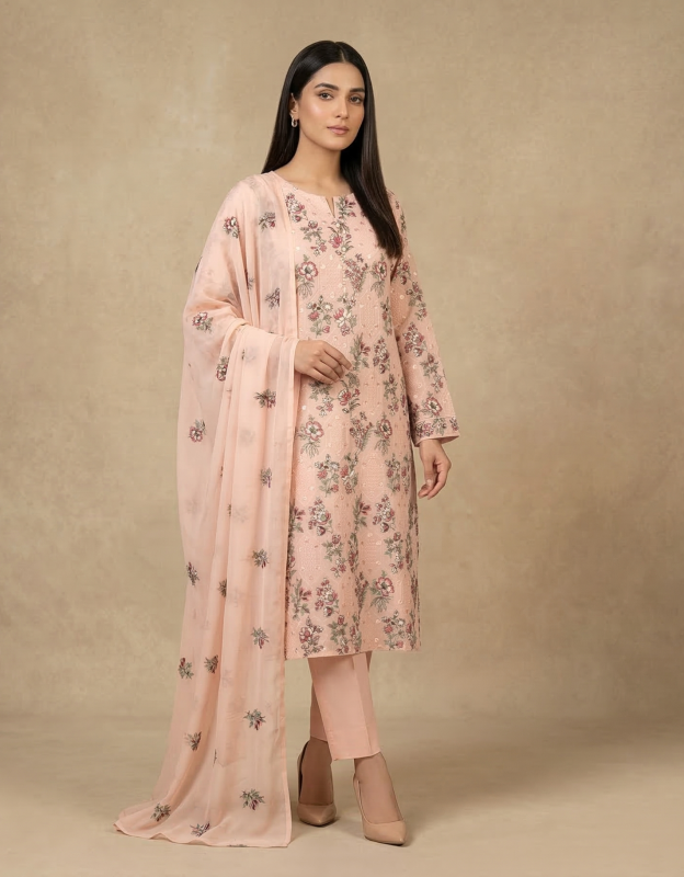 Premium Soft Peach 3-Piece Pure Embroidered Lawn Suit With Matching Safon Dupatta & Plain Trouser