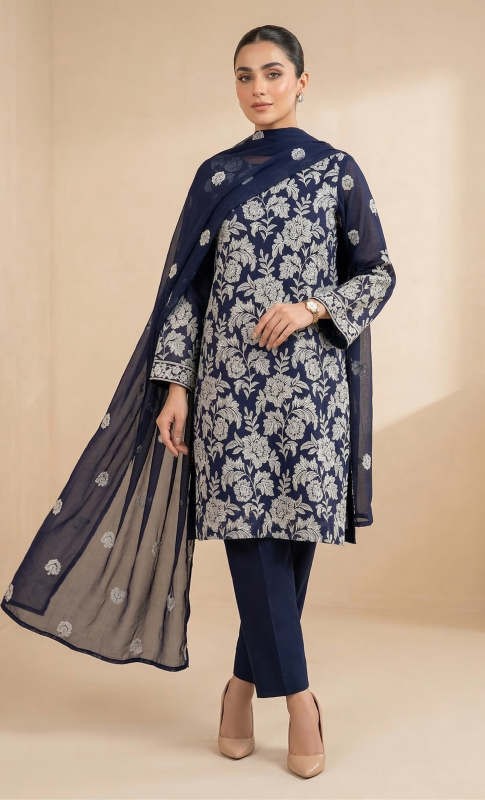 Premium Navy Blue 3-Piece Pure Embroidered Lawn Suit With Matching Safon Dupatta & Plain Trouser